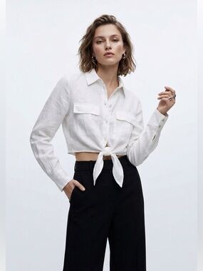 Zara Linen White Button Down Crop Top Size Medium